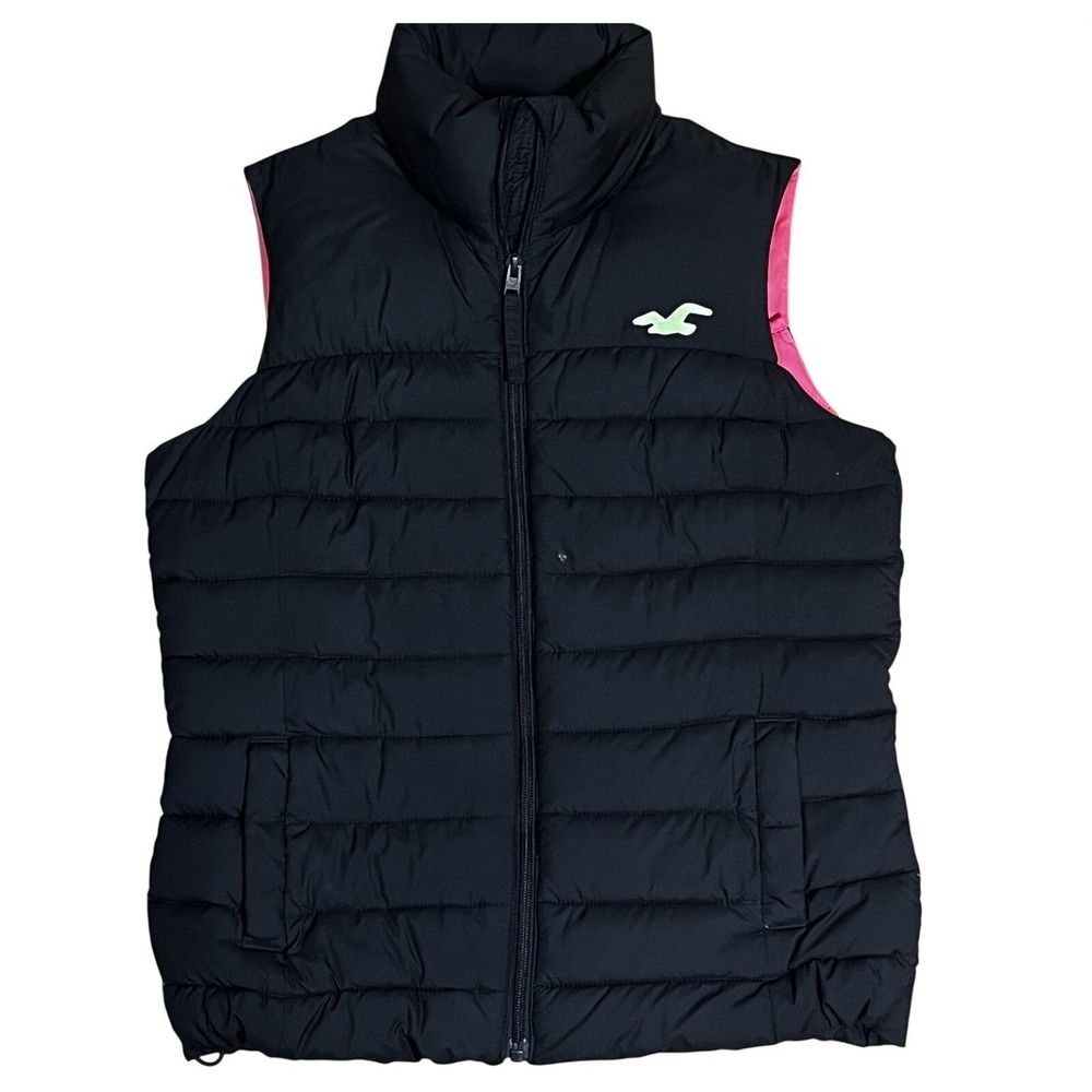 Hollister Black Puffer Vest Pink Lining S Full Zip Quilted Gorpcore Outdoor Neon